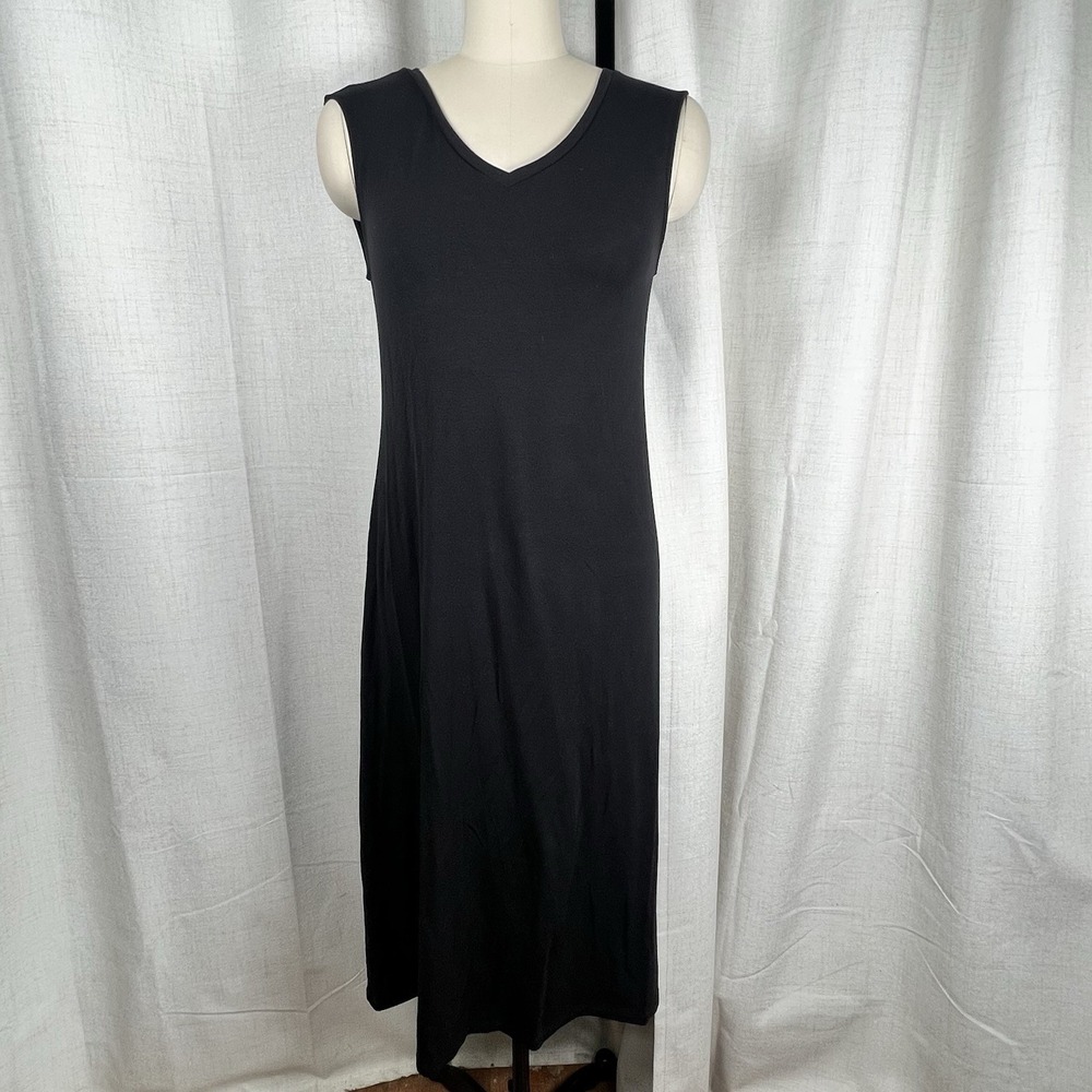 Eileen Fisher Stretch Jersey Knit V-Neck Tank Midi Dress Black  XXS A‎ Line